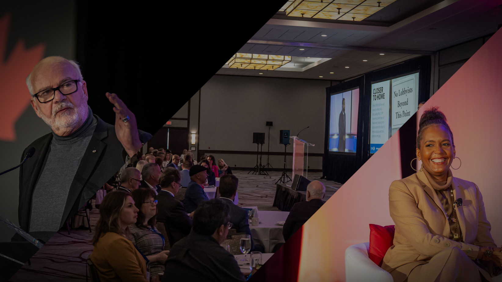 The banner showcases a professional conference setting with engaging speakers and an attentive audience. Peter Mansbridge delivers a speech, while a large audience listens intently